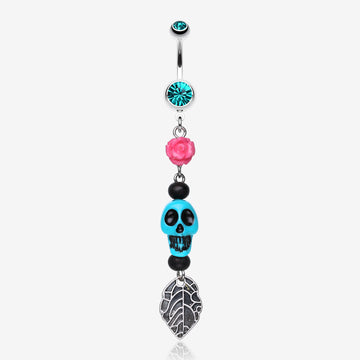 Colorful Rose Skull Leaf Dangle Belly Ring-Teal